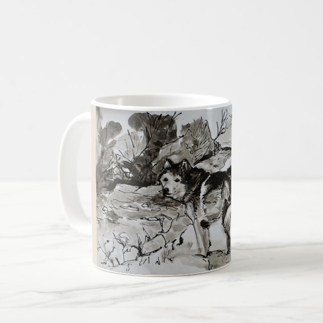Dog Lover's Tea Coffee Mug, Husky Malamute Cup (Front Left)