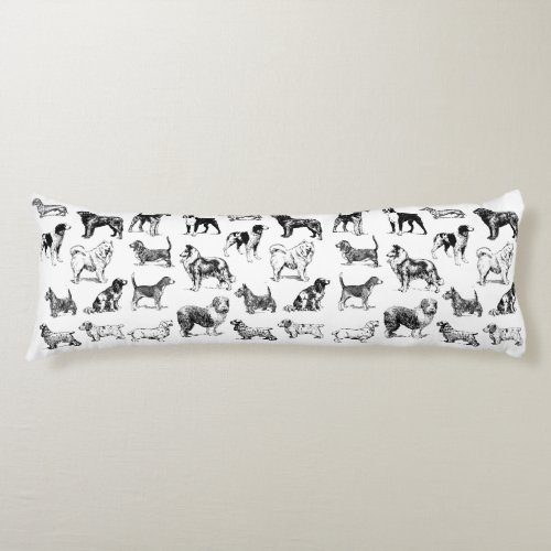 Dog Lovers Vintage Black  White Various Breeds Body Pillow