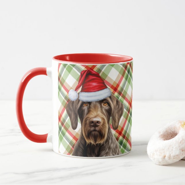 Dog Lover's Wirehair Pointer Holiday Red Plaid Mug (With Donut)