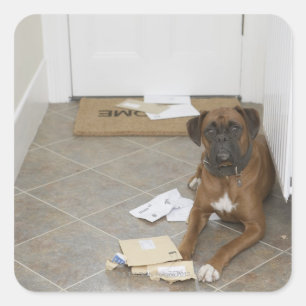 Dog lying by doormat and chewed mail square sticker