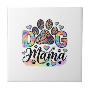 Dog Mama Paw Leopard Rainbow Watercolor Hearts_1 Ceramic Tile