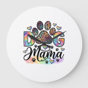 Dog Mama Paw Leopard Rainbow Watercolor Hearts_1 Large Clock