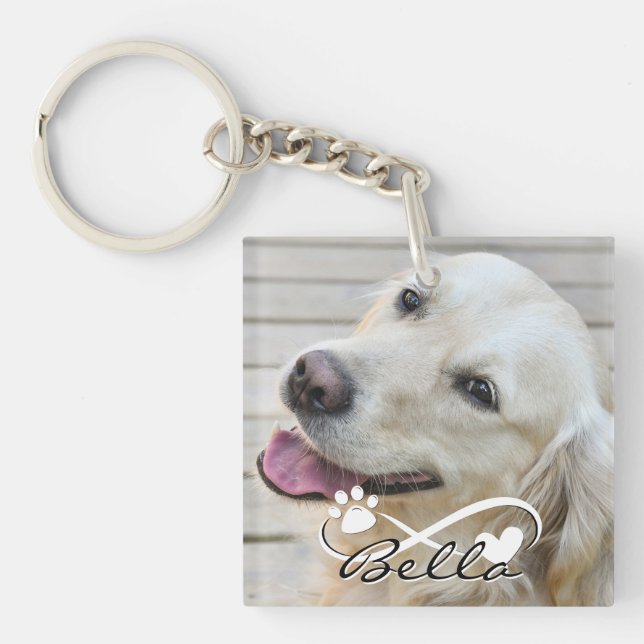 Dog Memorial 2 Photos Pawprint Heart Infinity Keychain (Front)