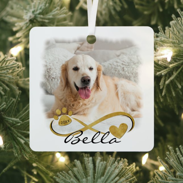 Dog Memorial 2 PhotoS PawPrint Heart Infinity Metal Ornament (Insitu)