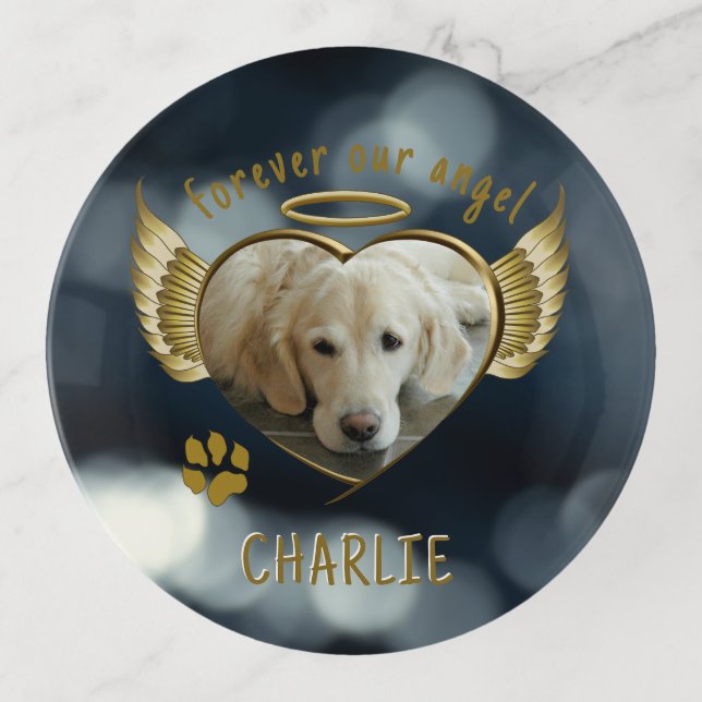 Dog Memorial Angel Wings Heart Blue Trinket Tray (Front)