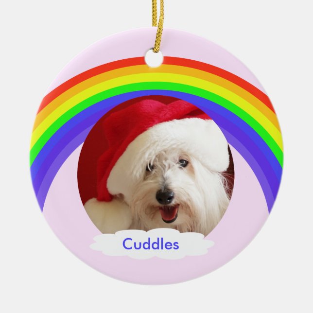Dog Memorial Christmas Ornament Pink with Rainbow (Front)