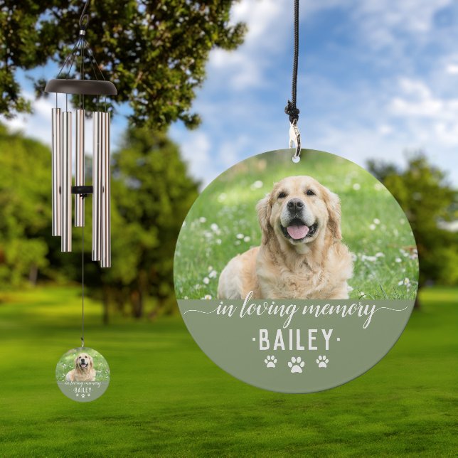 Dog Memorial Custom Photo Paws Loving Memory Green Wind Chime (Outdoor)
