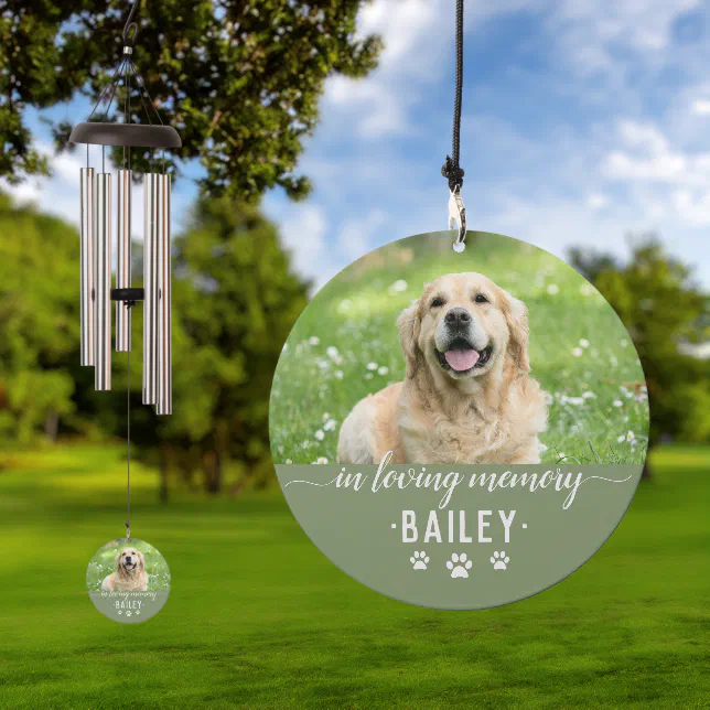 Dog Memorial Custom Photo Paws Loving Memory Green Wind Chime


