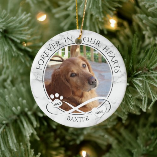 Dog Memorial Forever in Our Hearts Marble Photo Ceramic Ornament