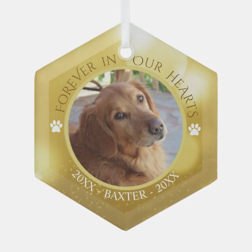Dog Memorial FOREVER IN OUR HEARTS Photo Gold Glass Ornament