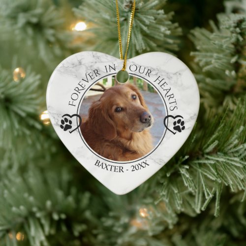 Dog Memorial Forever in Our Hearts Photo Marble Ceramic Ornament