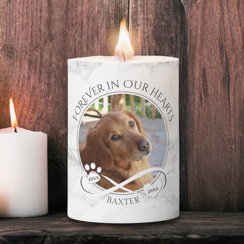 Dog Memorial Forever in Our Hearts Photo Marble Pillar Candle
