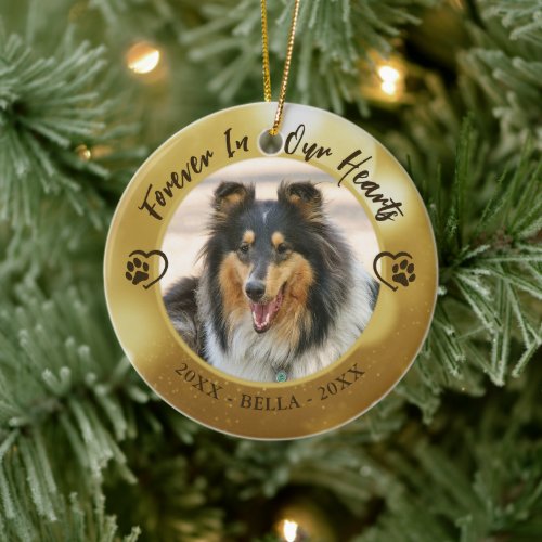 Dog Memorial Forever in Our Hearts Photo Paw Heart Ceramic Ornament