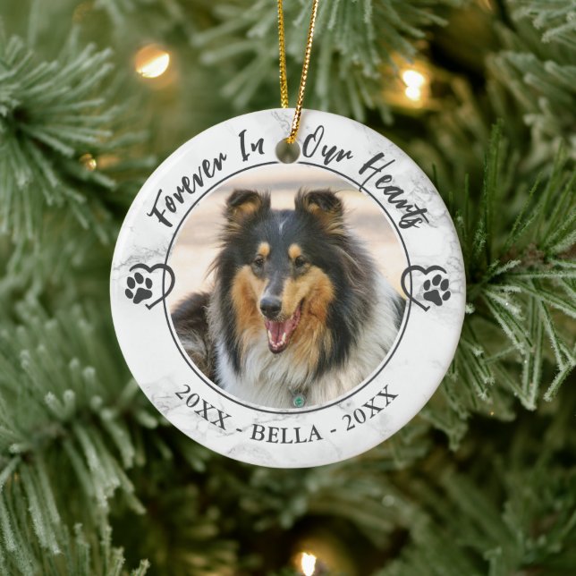 Dog Memorial Forever in Our Hearts Photo Paw Heart Ceramic Ornament (Tree)