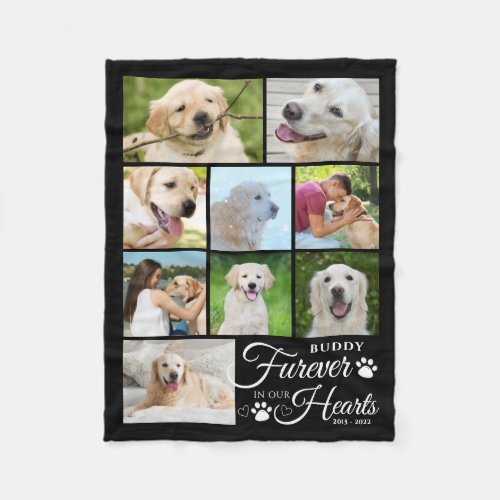 Dog Memorial FUREVER IN OUR HEARTS 9 Photo Collage Fleece Blanket