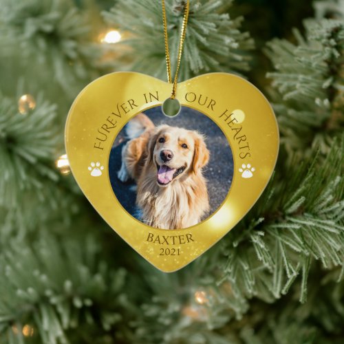 Dog Memorial FUREVER IN OUR HEARTS Photo Keepsake Ceramic Ornament