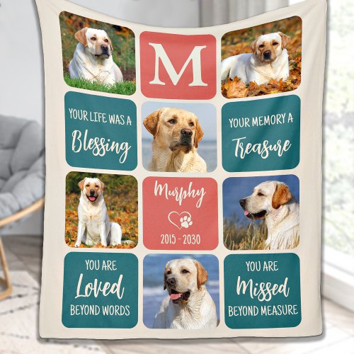 Dog Memorial Gift Pet Loss Retro Colors 6 Photo Fleece Blanket