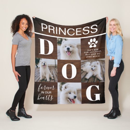 Dog Memorial Gift | Pet Photo Collage Fleece Blanket - Custom pet memorial tribute blanket featuring 4 photos of you beloved doggy, a rustic wood pattern background, letters that spell out DOG, the words "forever in our hearts", a dogs paw with a remebrance saying, and their name.