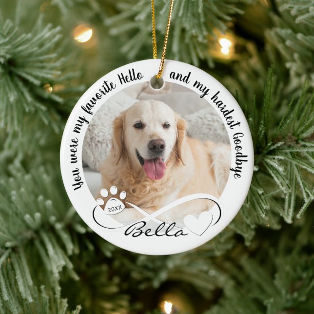 Dog Memorial Hardest Goodbye 2 Photos Pawprints Ceramic Ornament (Tree)