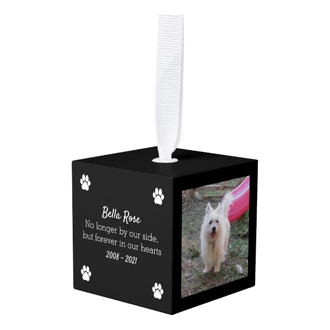 Dog Memorial Keepsake Photo Cube Ornament (Front Angled)
