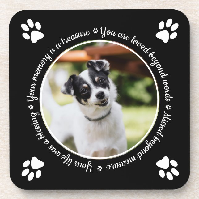 Dog Memorial Paw Prints Photo Beverage Coaster (Front)