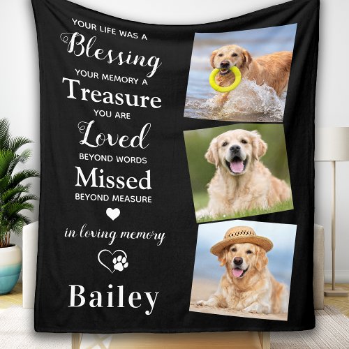 Dog Memorial Personalized Pet Loss Gift 3 Photo  Fleece Blanket