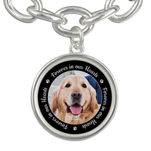 Dog Memorial Pet Loss Gift Personalized Photo  Bracelet - Honor your best friend with a custom photo memorial bracelet. This unique pet memorials bracelet keepsake is the perfect gift for yourself, family or friends to pay tribute to your loved one. We hope your dog memorial bracelet will bring you peace, joy and happy memories. 
Quote "Forever in our Hearts".
Customize with favorite pet dog or cat photos, and name .
COPYRIGHT © 2020 Judy Burrows, Black Dog Art - All Rights Reserved. Dog Memorial Pet Loss Gift Personalized Photo Bracelet