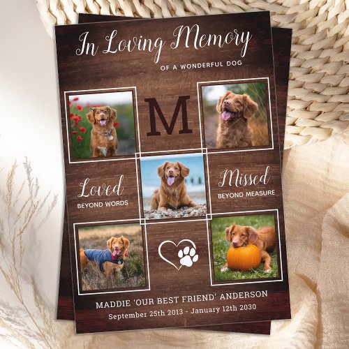 Dog Memorial Pet Loss Personalize 5 Photo Sympathy Thank You Card