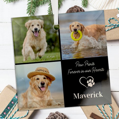 Dog Memorial Pet Loss Personalized 3 Photo Collage Glass Ornament