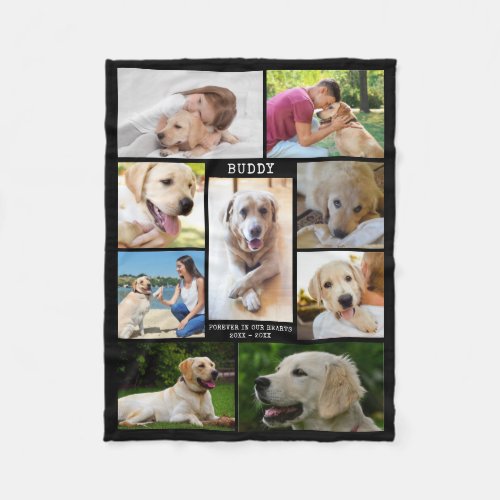 Dog Memorial Photo Collage Name Dates Black Fleece Blanket