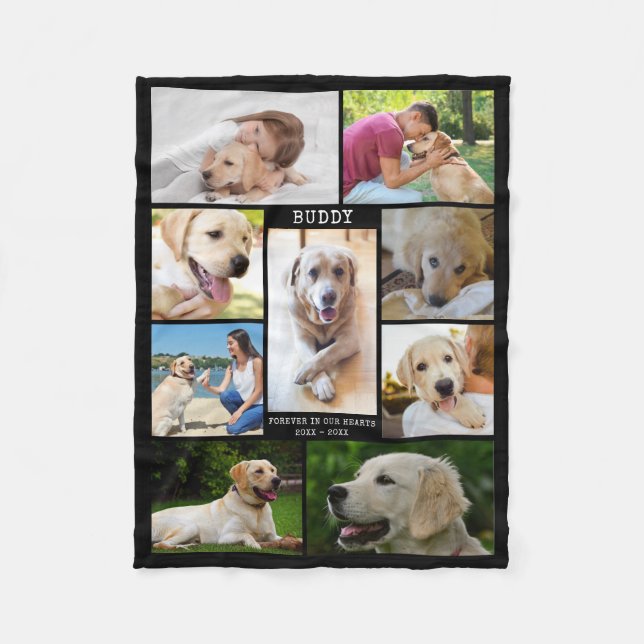 Dog Memorial Photo Collage Name Dates Black Fleece Blanket (Front)