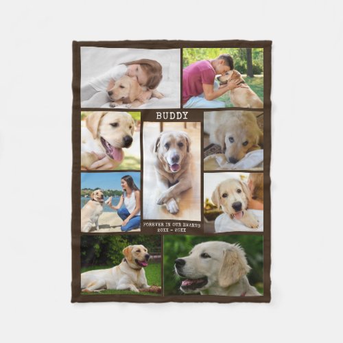 Dog Memorial Photo Collage Name Dates Brown Fleece Blanket