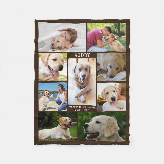Dog Memorial Photo Collage Name Dates Brown Fleece Blanket (Front)