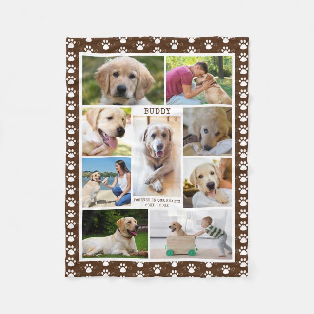 Dog Memorial Photo Collage Paw Prints Hearts Brown Fleece Blanket (Front)