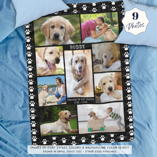 Dog Memorial Photo Collage Paws Hearts Black Fleece Blanket