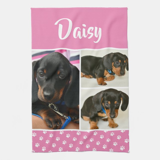 Dog Memorial Photo Collage Pet Pawprint Kitchen Towel (Vertical)