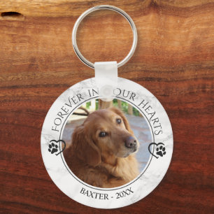 Dog Memorial Photo Forever Hearts Pawprints Marble Keychain