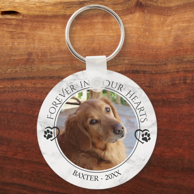 Dog Memorial Photo Forever Hearts Pawprints Marble Keychain (Front)