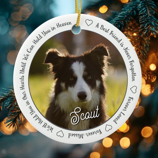 Dog Memorial Photo Forever Loved & Missed Keepsake Ceramic Ornament (Memorial pet ornament with photo of a dog named Scout and remembrance text hanging on a tree.)
