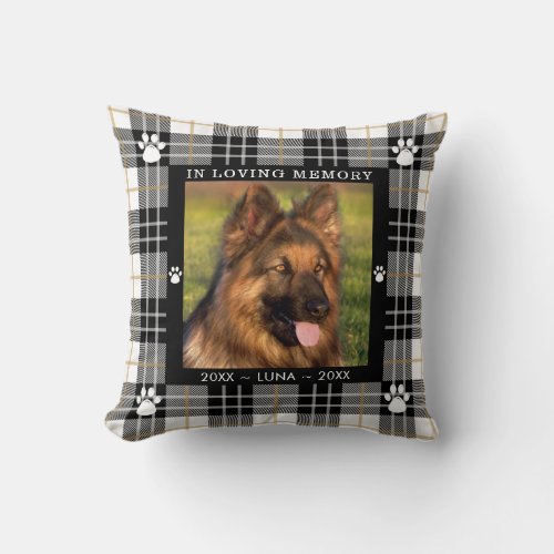 DOG Memorial Photo IN LOVING MEMORY Black Plaid Throw Pillow