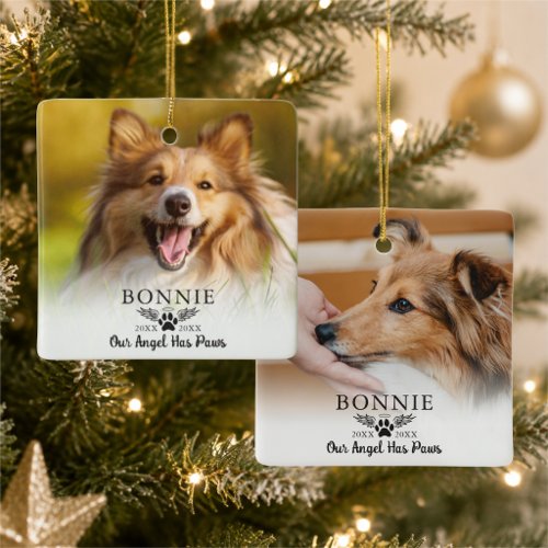 Dog Memorial Photo Paw Print Angel Wings Ceramic Ornament