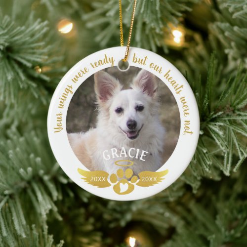Dog Memorial Photo Pawprint Heart Angel Wings Gold Ceramic Ornament
