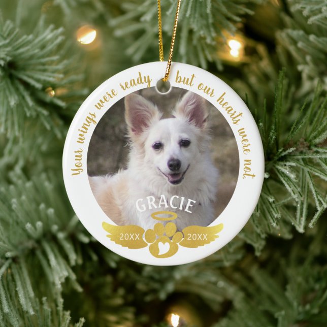 Dog Memorial Photo Pawprint Heart Angel Wings Gold Ceramic Ornament (Tree)