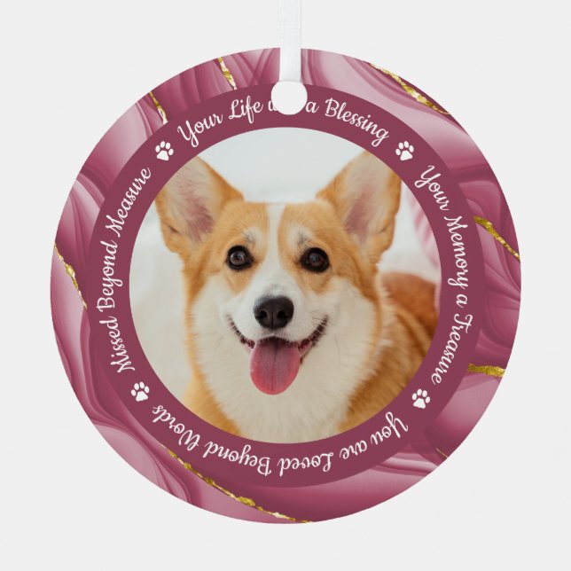 Dog Memorial Rose Gold Personalized 2 Pet Photo Metal Ornament (Front)