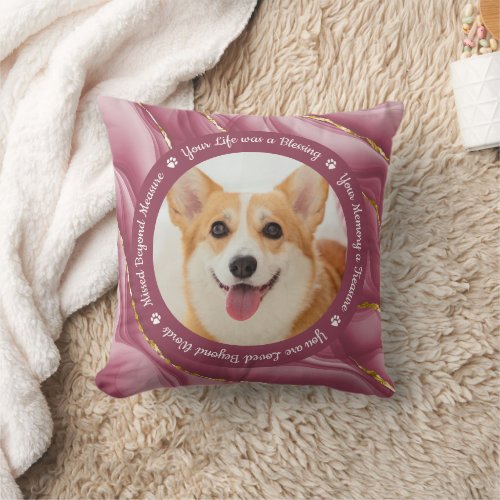 Dog Memorial Rose Gold Personalized Pet Photo Throw Pillow