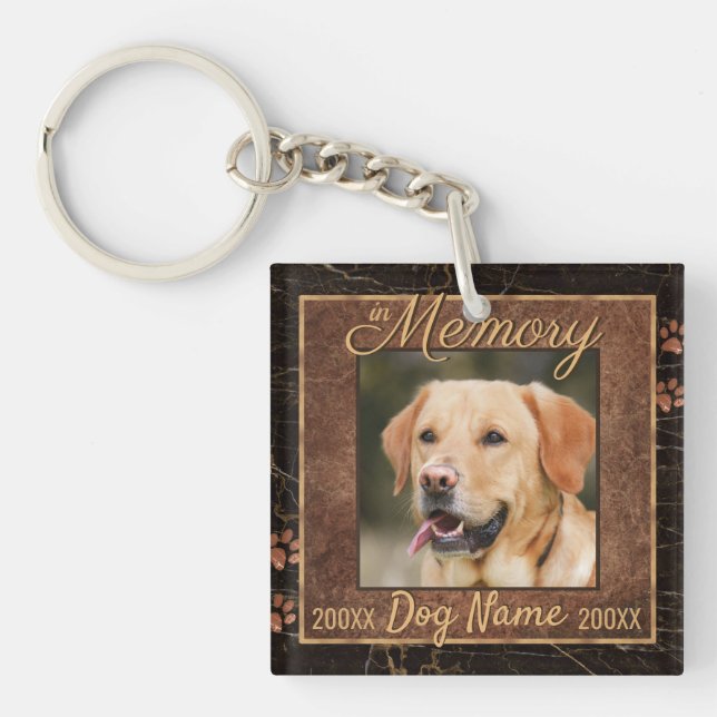Dog Memory Marble Rustic Gold Square Keepsake Keychain (Front)