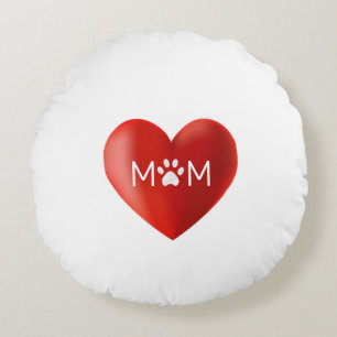 Dog Mom, Cat Mom with Paw & Heart on White Round Pillow