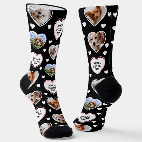 DOG MOM Custom 4 Pet Cat Dog Heart Photo Black Socks