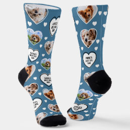 DOG MOM Custom 4 Pet Cat Dog Heart Photo Blue Socks