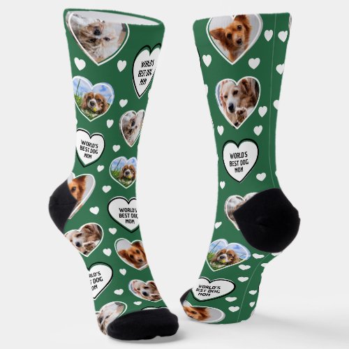 DOG MOM Custom 4 Pet Cat Dog Heart Photo Green Socks